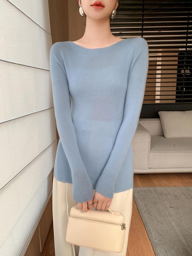 2025 Women's 100% Wool Seamless Slim Fit One-Shoulder Fine Knit Sweater, Machine Washable, 18 Gauge Yangzi Yarn