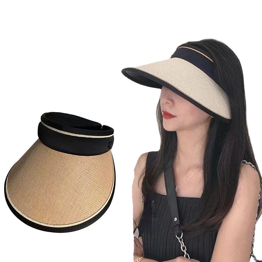 Foldable Sunscreen Hat, Black Glue Empty Top Hat, Straw Woven Sunshade Fashionable Hat
