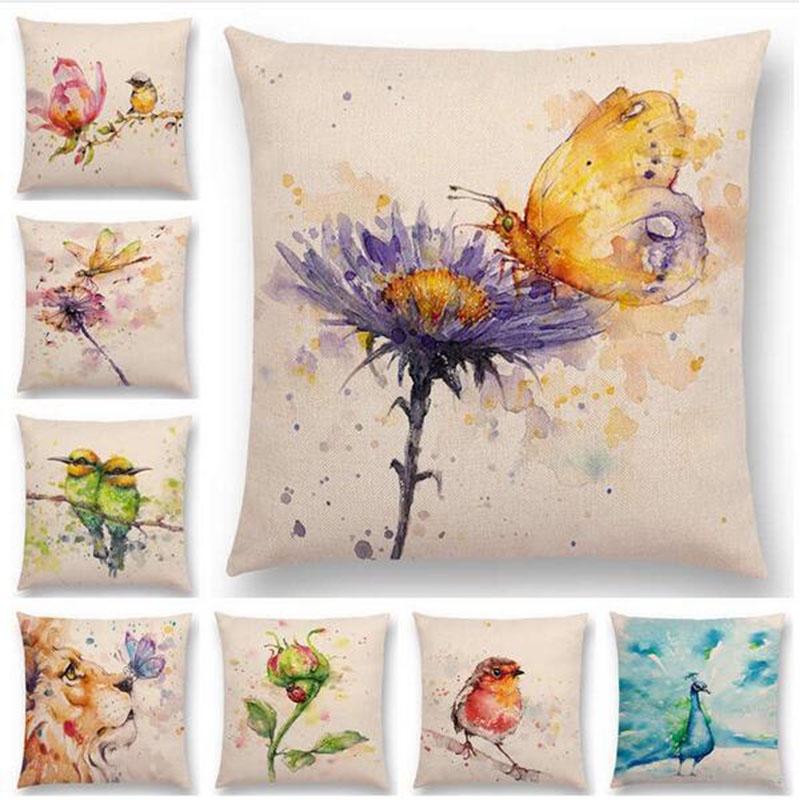 Exquisite Watercolor Lion Flowers Butterfly Lane Bird Wren Cushion Cover Ideal For Stylish Homes