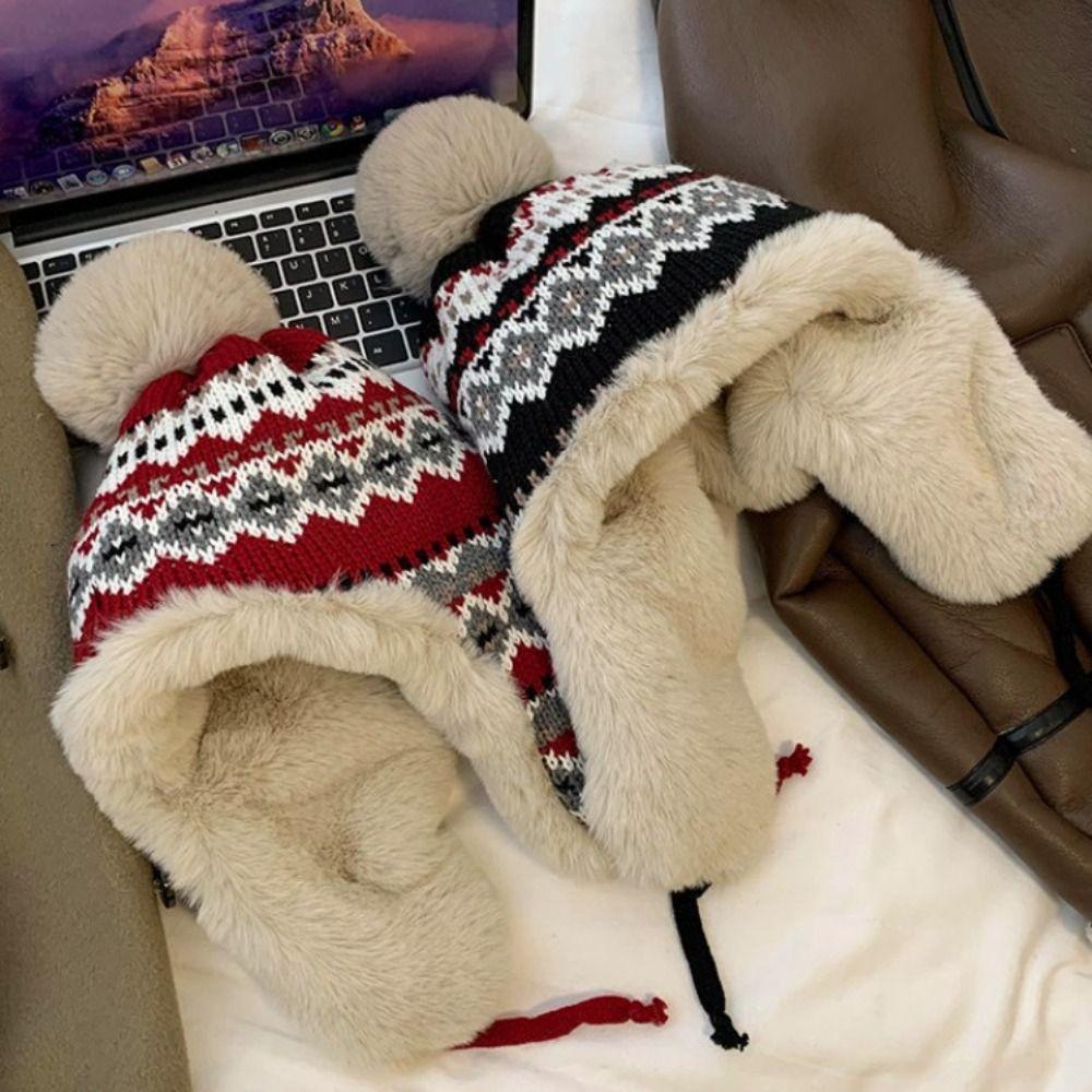 Теплая вязаная плюшевая шапка, ветрозащитная, пуловерная, шапка-бини, зимняя, для защиты ушей, женская