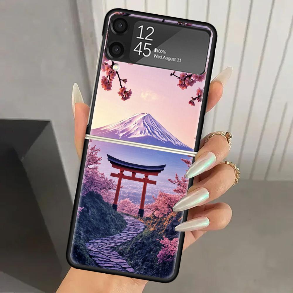 Японская вишня Гора Фудзи Жесткий ПК Чехол для телефона Для Samsung Galaxy Z Flip 7 6 5 4 3 Черный ZFlip7 ZFlip6 Flip5 Flip4 Flip3 5G Печать