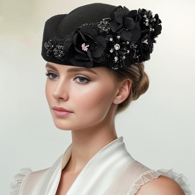 1PC Turban Hat Church Stewardess Hat Party Beanie Cap With Flower Beret Caps Vintage Felt Soft Airline Women