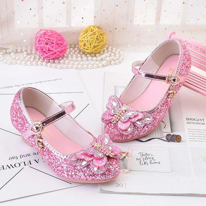 Модные детские туфли принцессы с блестками и стразами для девочек на высоком каблуке, кожаные туфли для вечеринки, свадьбы, детские универсальные одинарные туфли