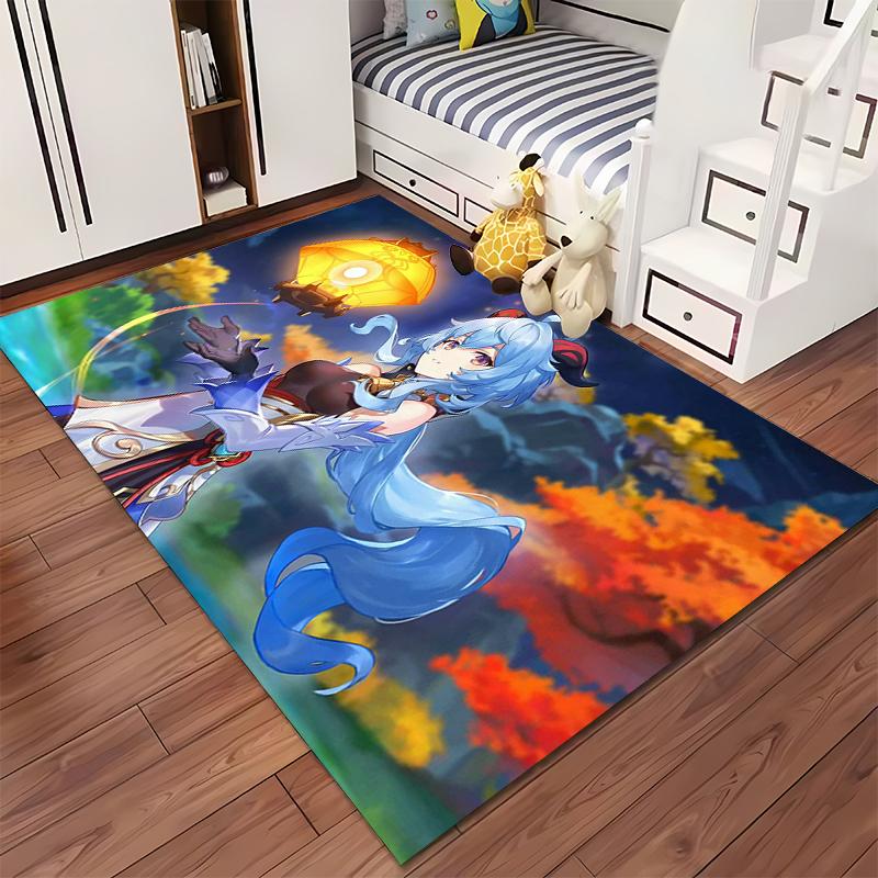 Blue-haired anime girl with lantern design. Non-slip rug suitable for living room and bedroom sofas.