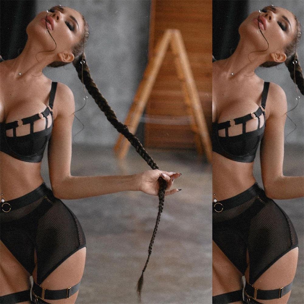Aduloty Женское сексуальное нижнее белье на косточках, бюстгальтер пуш-ап, гламурный черный сетчатый вырез, новое эротическое белье, комплект стрингов с подвязками на ногу