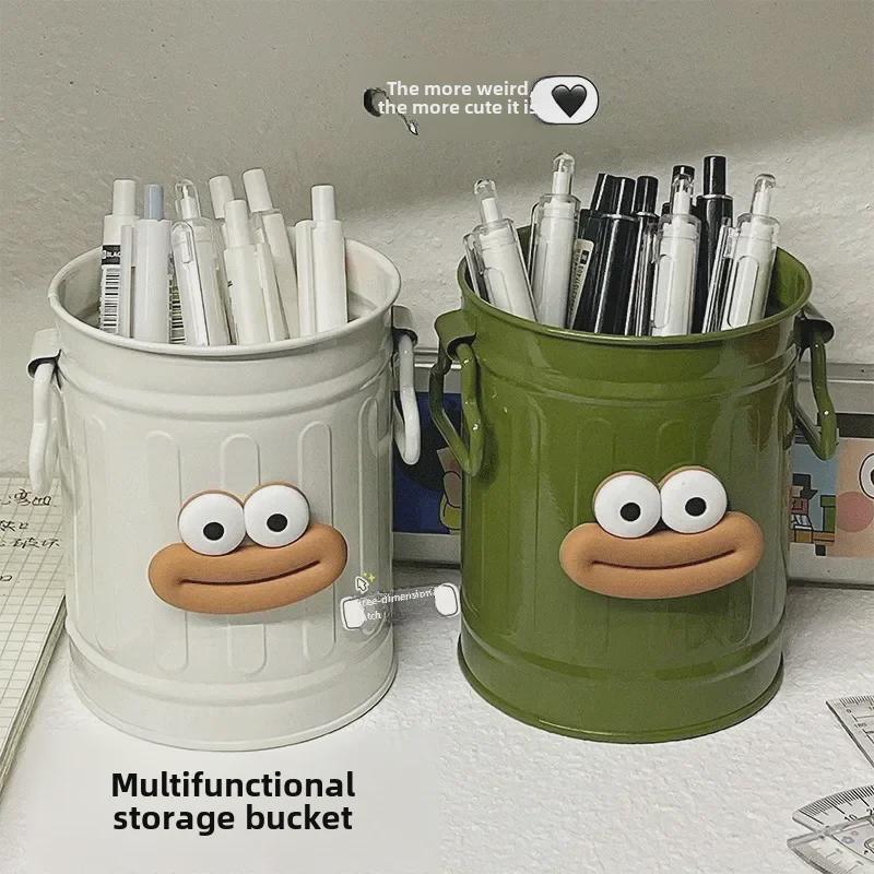 Big Mouth Small Iron Bucket Desktop Pen Holder - Cute Student Stationery & Makeup Brush Organizer