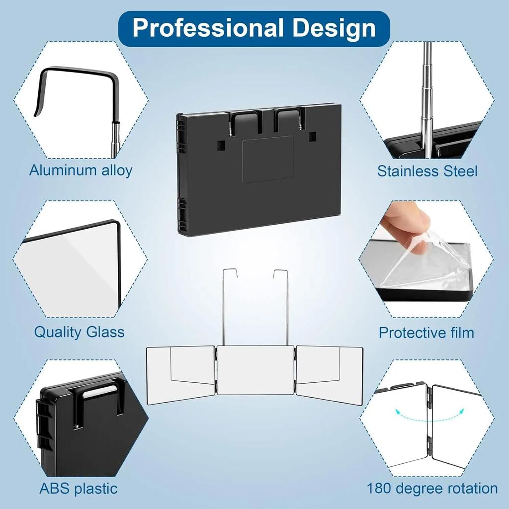 Black Portable 360 Trifold Mirror with Height Adjustable Telescoping Hooks Ideal for Self Hair Cutting Makeup Essential Fordable