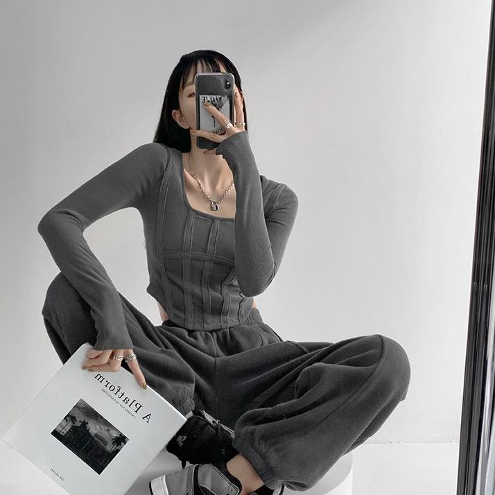 Y2k T-shirt Girls Crop Tops Spring Women Long Sleeve O Neck Cotton Shirts Bustier Harajuku Pullover Streetwear All-match T-shirt