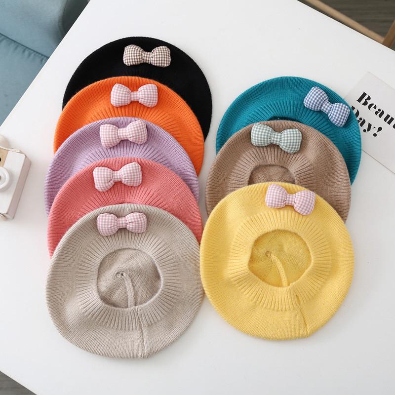 Fashion Baby Hat Solid Color Flower Girls Warm Beret Vintage Knitted Beret Hat Kids Autumn Winter Children Artist Painter Cap