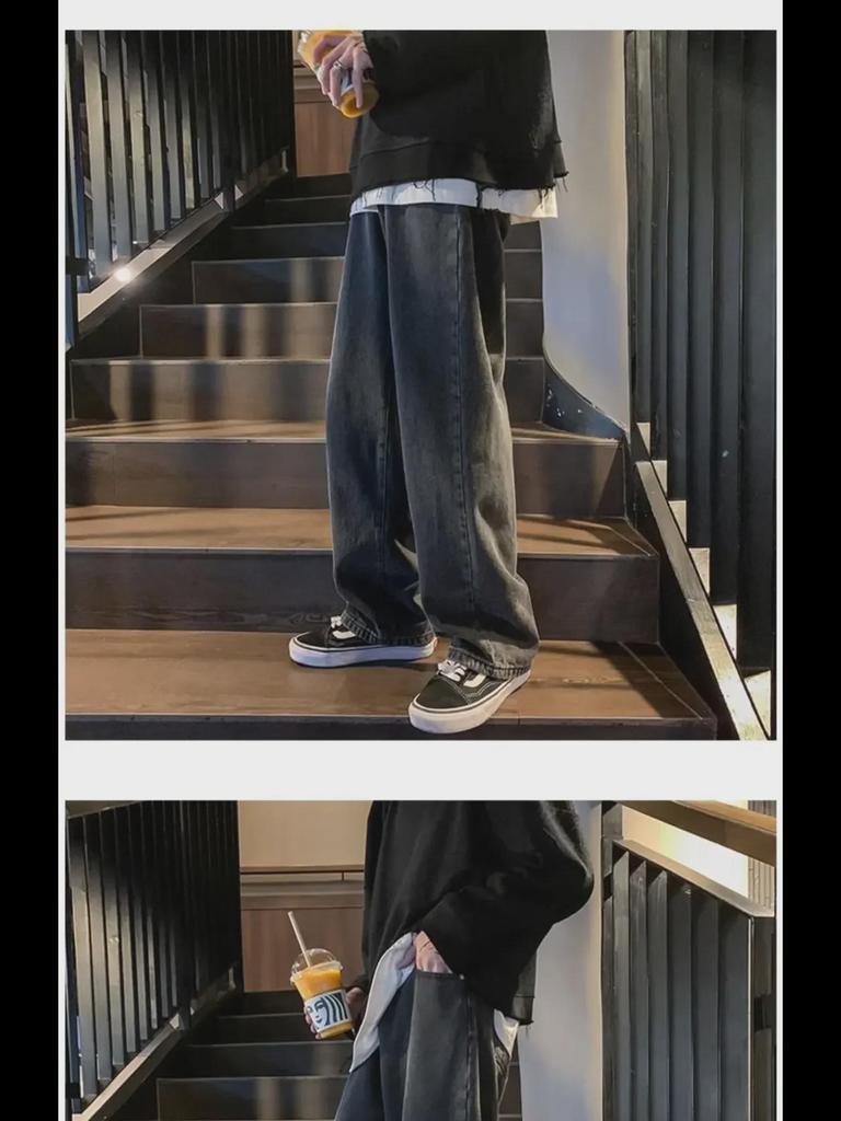Men's Black Retro Wide-Leg Jeans - New Autumn Trend, High Street Style, Straight Loose Fit, Large Size Available.