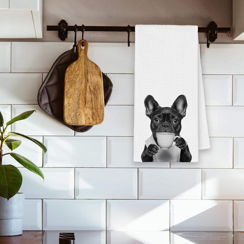 Dog French Bulldog Kitchen Towels, Funny Cute Hand Bathroom Towels Gifts for Dog Lovers Chef, Black and White Retro Tea Dish Towel Decor for Coffee