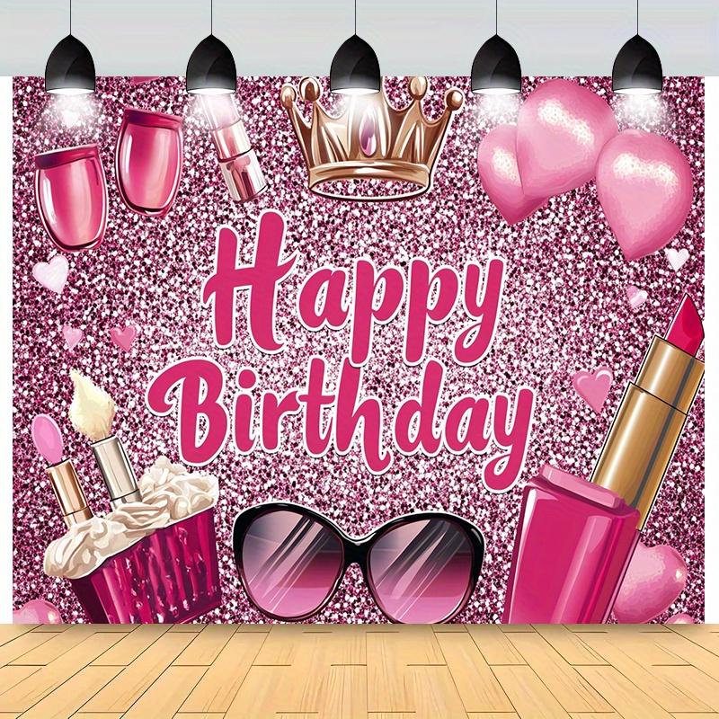 A birthday greeting banner with a shining pink glitter, accompanied by items related to makeup and hairstyling themes