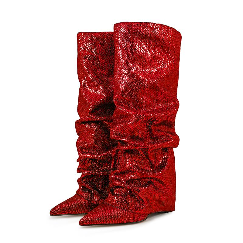 Женские высокие сапоги с принтом крокодила, с острым носком, леопардовым принтом, на танкетке, в стиле ретро, слипоны, с голенищем до колена, плиссированные