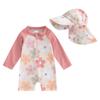 Toddler Girls Beach Swimwear Long Sleeve Floral/Tropical Tree Print Zip Up Bathing Suits with Hat