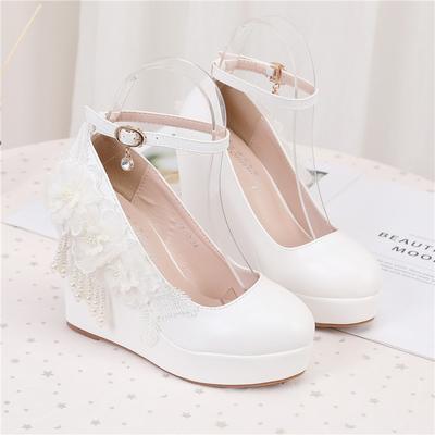 2024 женские новые туфли на высоком каблуке с неглубоким носком, однотонные, с круглым носком, белые, с кружевом, с бусинами, для банкета и свадьбы