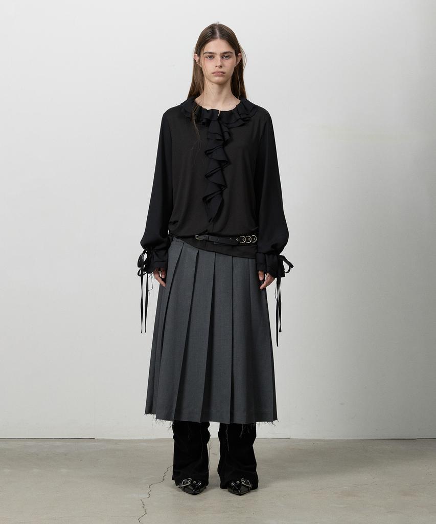 Three To Eighty Cut Hem Belt Pleats Skirt Charcoal