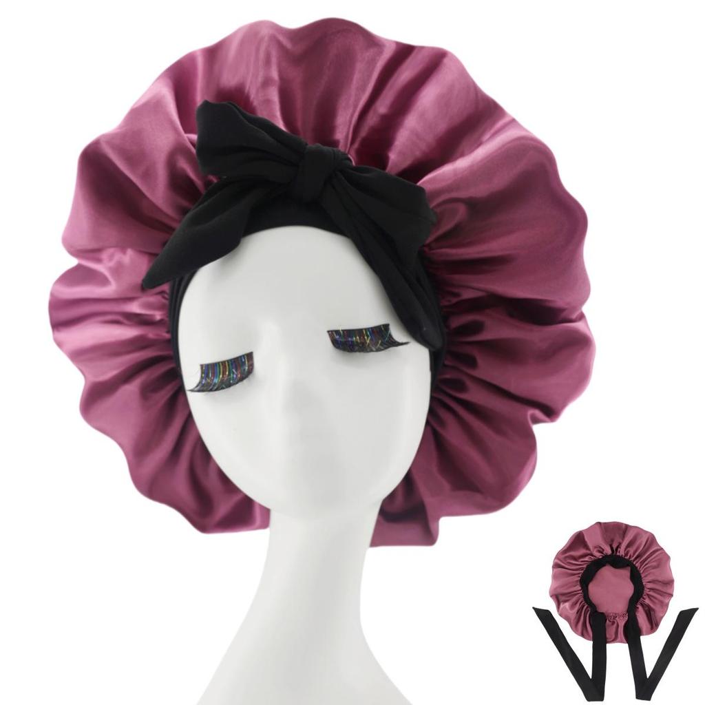 Silk Satin Sleep Cap with Ribbon Bow for Women - Elastic Wide Brim Bath Headscarf Hat for Hair Care