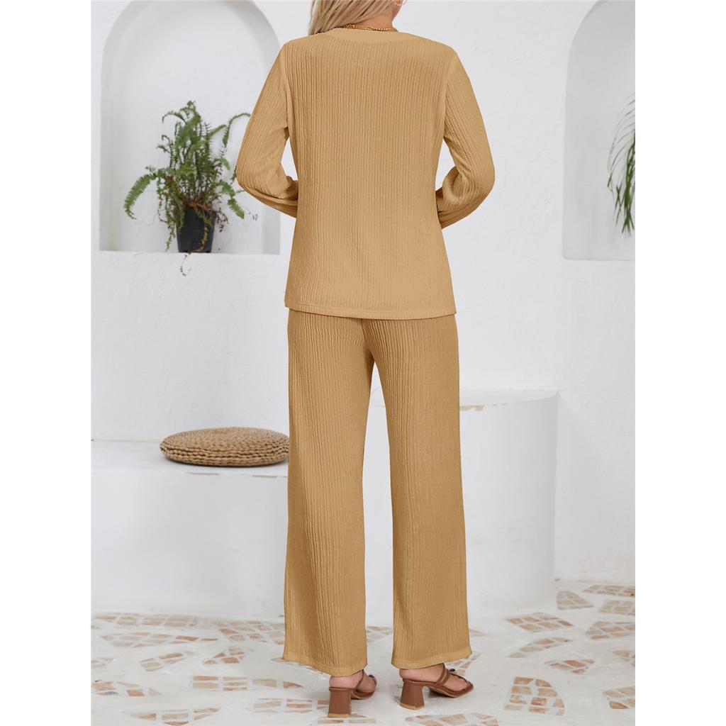 Женские комплекты свободного покроя из трикотажного жаккарда с длинными рукавами и круглым вырезом, брюки с высокой талией и завязками
