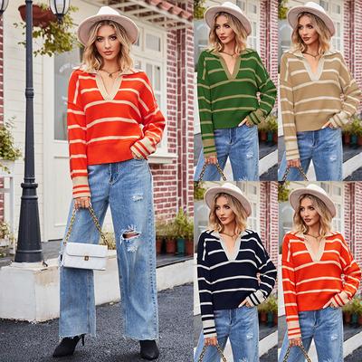 2023 осень/зима женская мода лоскутный полосатый свитер свободный свитер больших размеров с лацканами