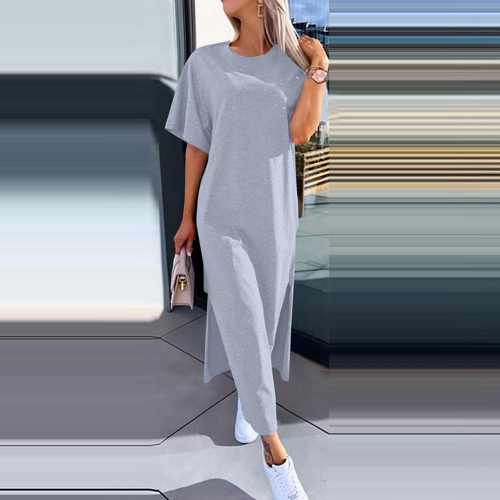 Женское однотонное платье с короткими рукавами, круглым вырезом и разрезом по краю