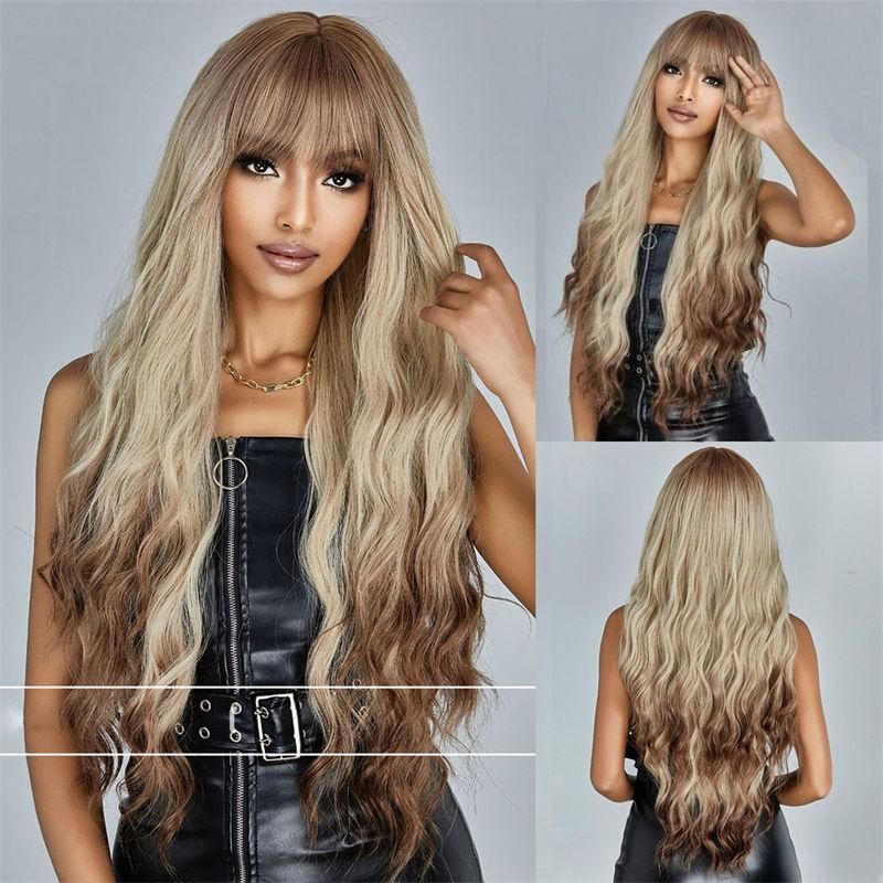 Пушистый парик с полной головой, парик с градиентом, золотистый, длинный, модный, вьющиеся волосы, натуральный