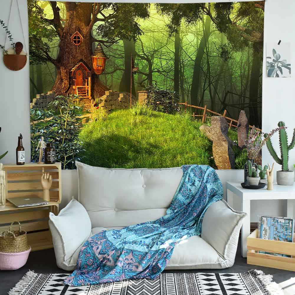 Psychedelic Forest Tapestry Mushroom Castle Fairytale Wall Hanging Tapestry for Living Room Bedroom Home Dormitory Decoration