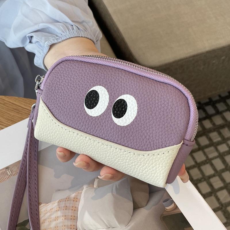 2025 Women's Cute Cartoon Leather Coin Purse: Cowhide Wristlet with Triple Zipper Key Storage