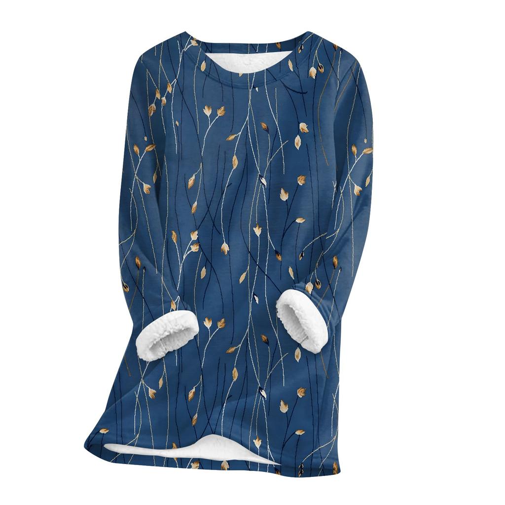 Женский топ с круглым вырезом и принтом из утолщенного плюша и кашемира, теплый длинный топ