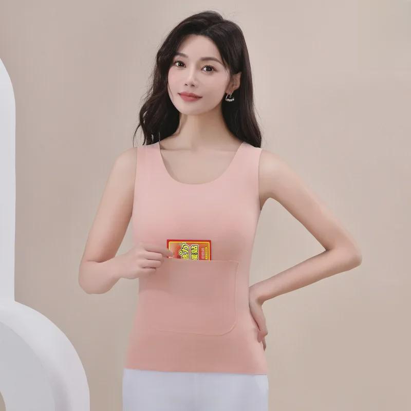 Женский теплый бархатный жилет с двумя карманами — бесшовный, облегающий, с двухсторонней шлифовкой для защиты живота