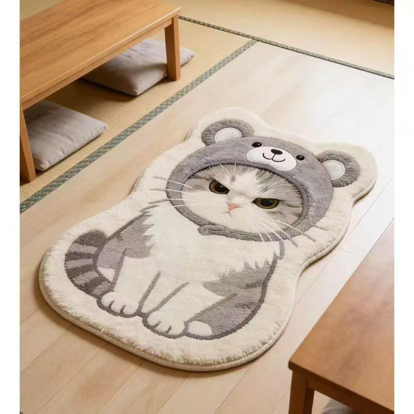 Chubby Tabby Cat Shaped Rug Non Slip Washable Soft Plush Floor Mat Creative Bedroom Decor Carpet Animal Lover Mat