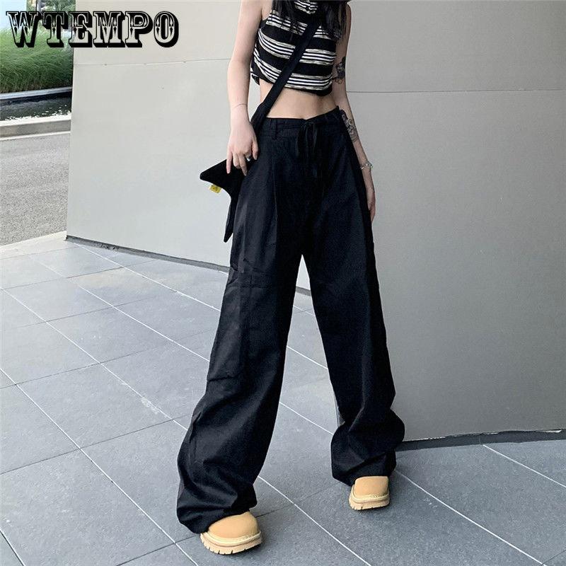 WTEMPO Women's Straight Cargo Pants High Waist American Streetwear Vintage Pants Chic Design Casual Ladies Wide Leg Cargo Trousers
