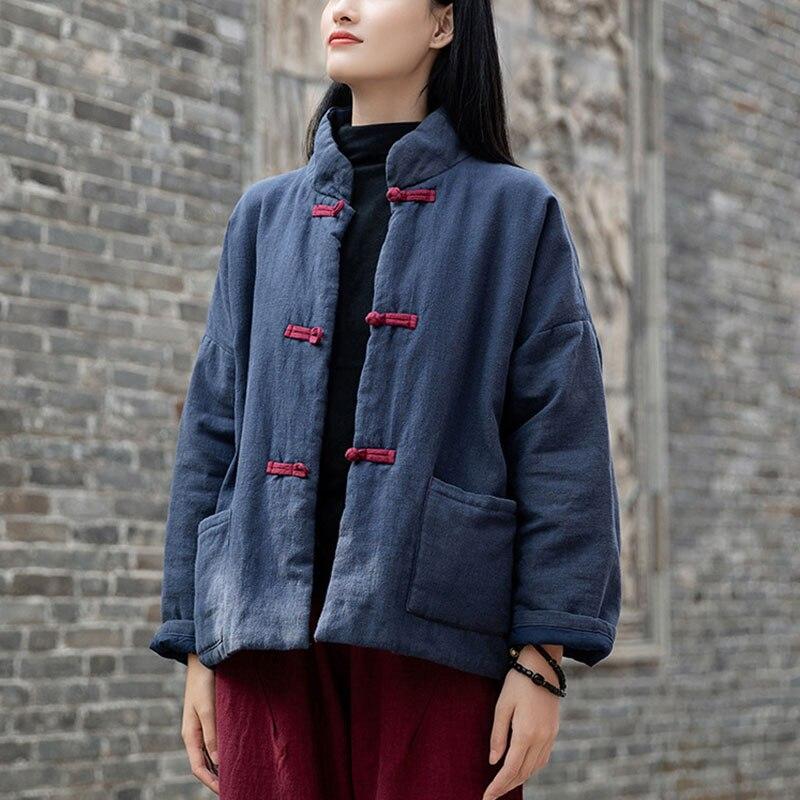 Johnature Women Solid Color Ramie Stand Cotton Clothing Button Pocket Long Sleeve Coats Winter Chinese Style Coat