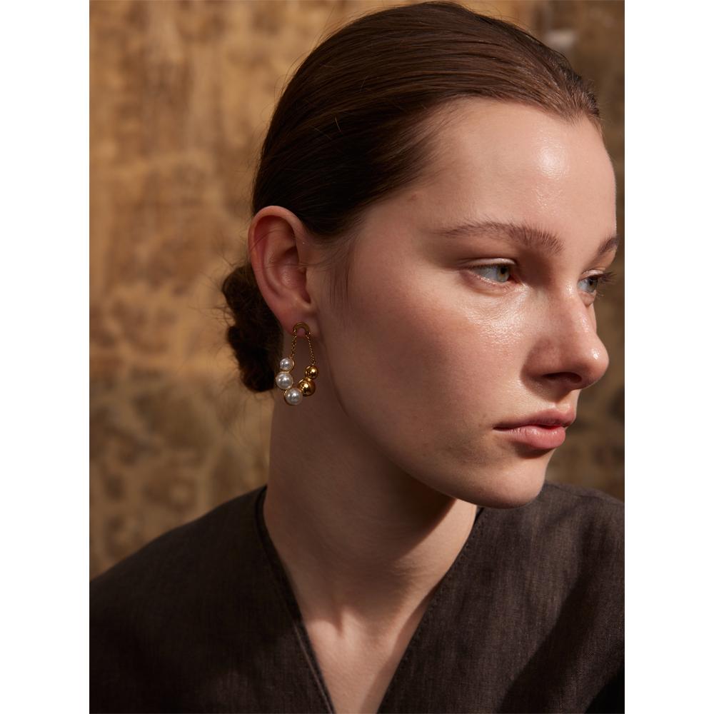 Yhpup Elegant Imitation Pearls Geometric Chain Drop Earrings for Women Stainless Steel Exquisite Daily Jewelry Bijoux Gift