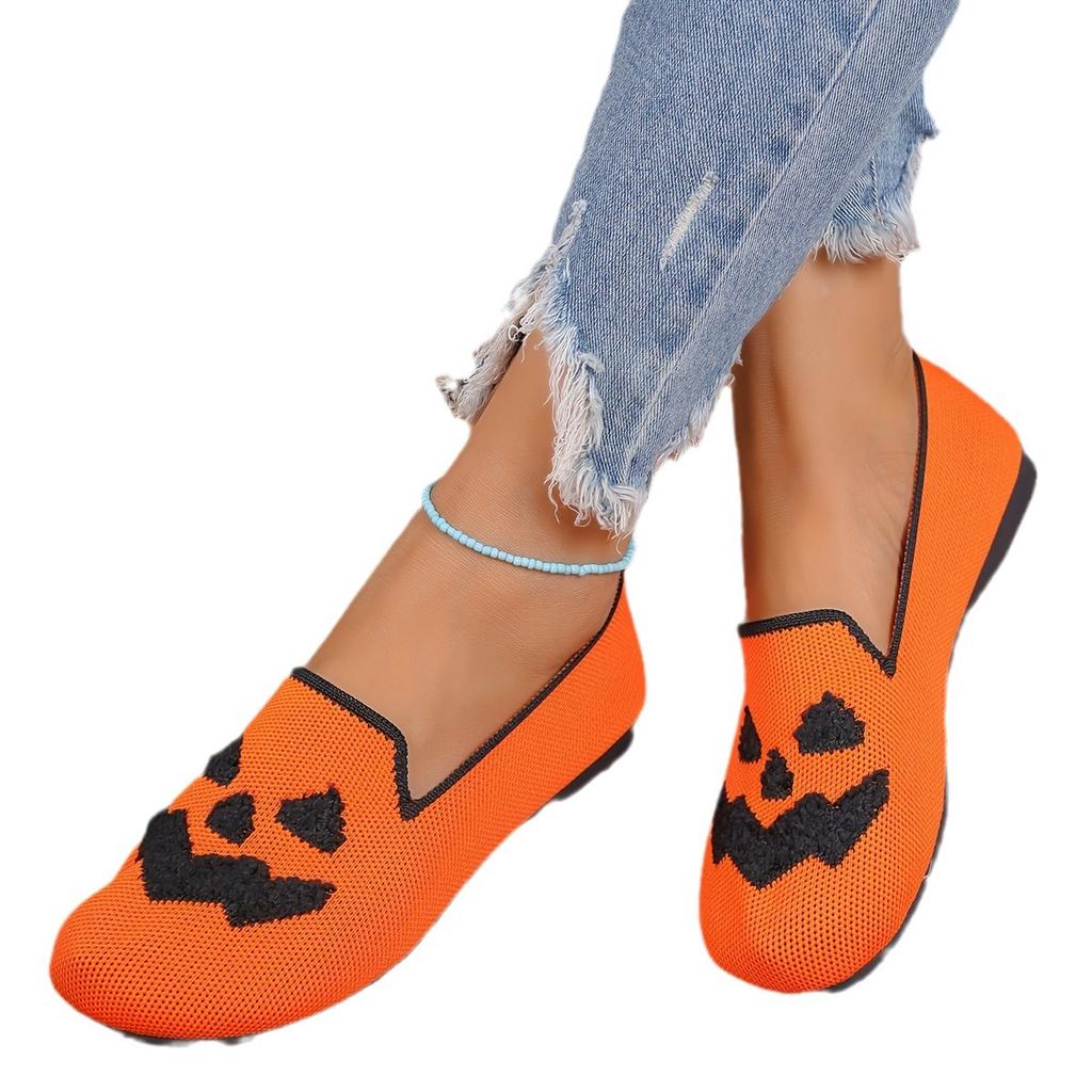 2024 Новые женские туфли Хэллоуин Тыква Повседневные туфли на плоской подошве Одинарные легкие, дышащие, модные тканевые туфли