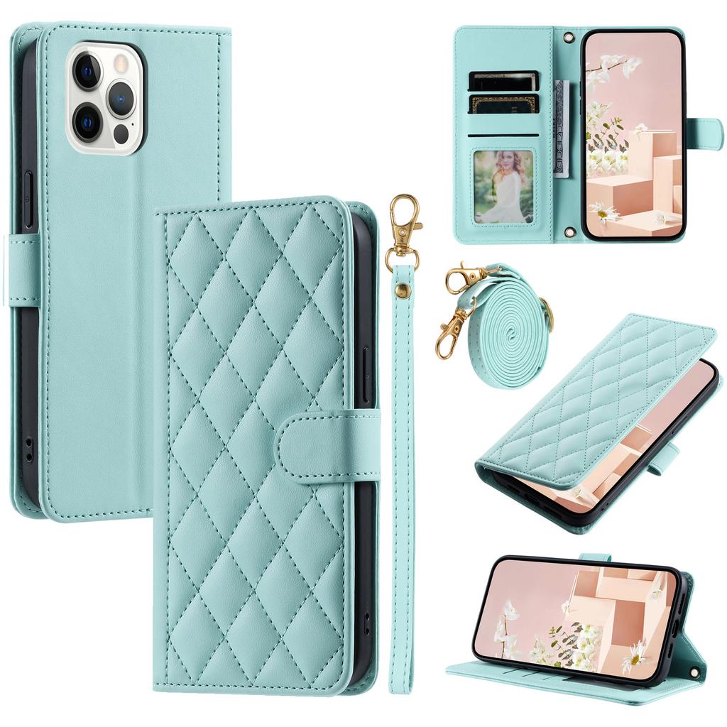 For iPhone 12/12 Pro Leather Case Wallet Stand Flip Phone Cover with 2 Straps