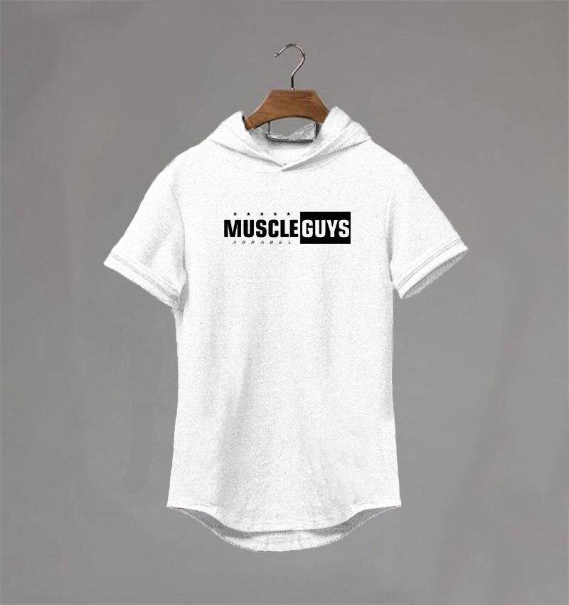 Muscleguys Летняя новая мужская модная футболка с короткими рукавами, хлопковая тенденция, бодибилдинг, фитнес, свитер с капюшоном и половиной рукавов, спортивная футболка с капюшоном