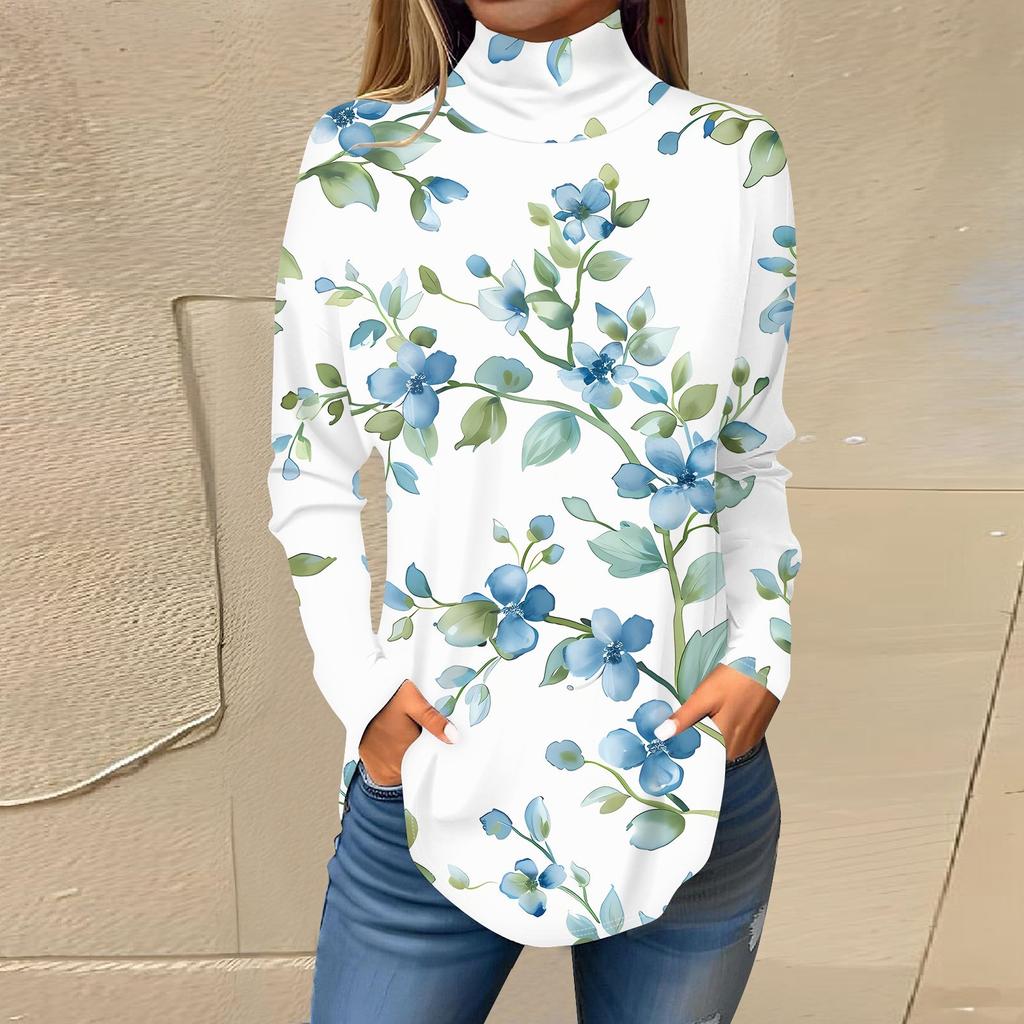 Женская модная повседневная футболка с длинным рукавом с высоким воротом и принтом, пуловер, топ