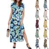 Women's Floral Maxi Dress Casual V Neck Long Shirt Dress Loose Slit Holiday Short Sleeve Dress