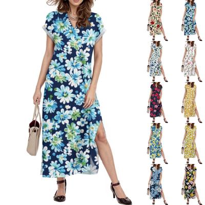 Женское платье макси с цветочным принтом, повседневное платье-рубашка с длинным рукавом и свободным разрезом, праздничное платье с коротким рукавом