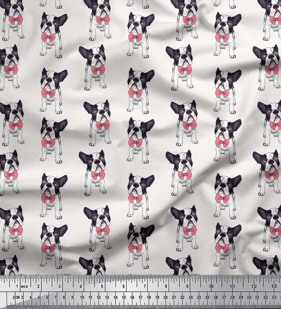 Soimoi Japan Crepe Satin Fabric Bow & Boston Terrier Dog Print Fabric by the Metre 42 Inch