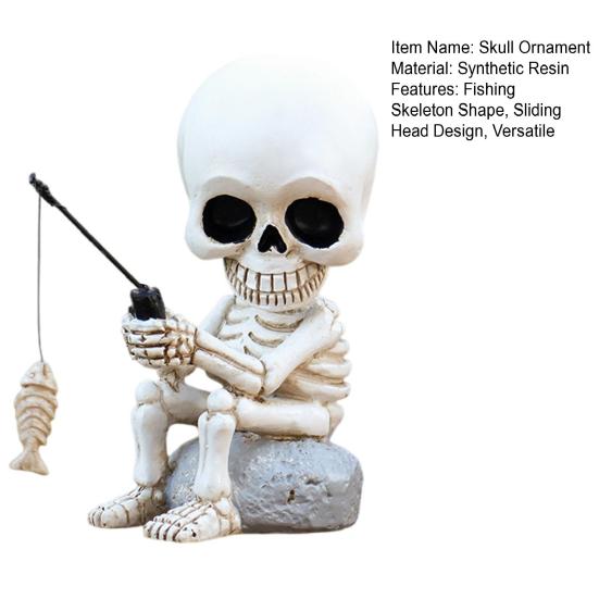 Shaking Head Fishing Skull Resin Mini Skeleton Fisher Sculpture Halloween