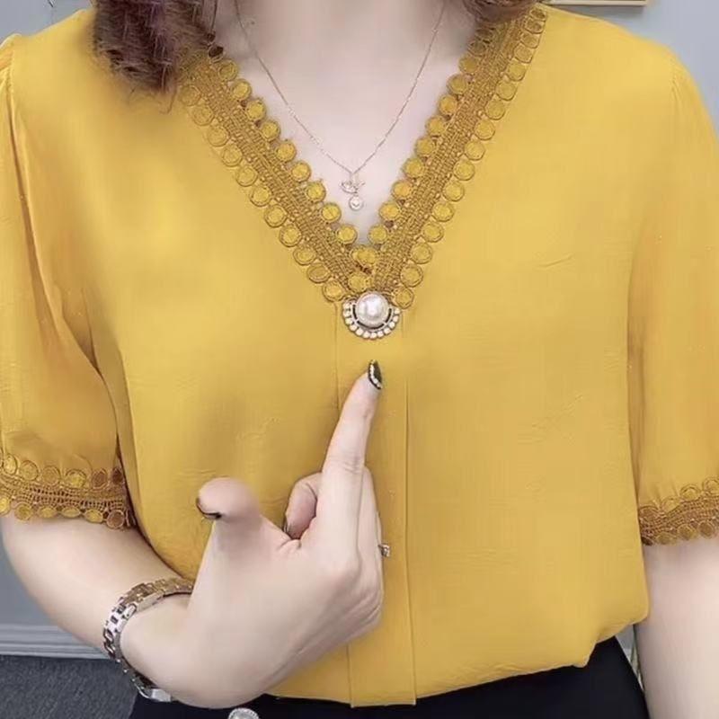 Fashion V-Neck Lace Patchwork Shirt Female Clothing Vintage Solid Color Summer Chic Pearl Three-dimensional Decoration Blouse