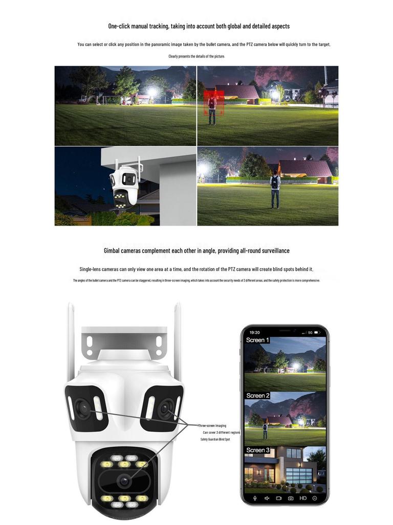 Ультра-четкая беспроводная уличная панорамная камера с ночным видением и трехэкранным мониторингом