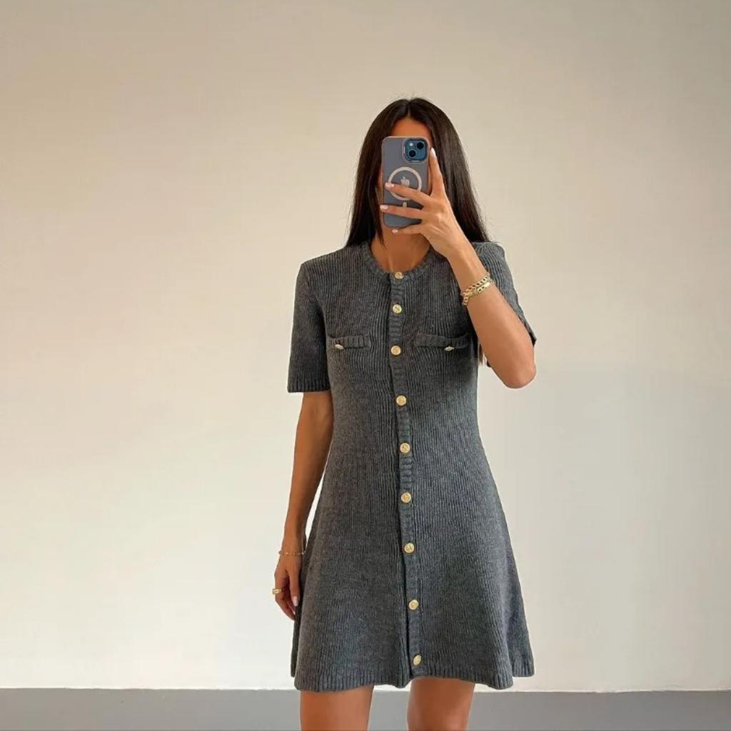 Elegant Knit Mini Dress Women Street Slim High Waist Short Sleeve Rib Sweater Dresses Vacation Bodycon Knitwear Dress
