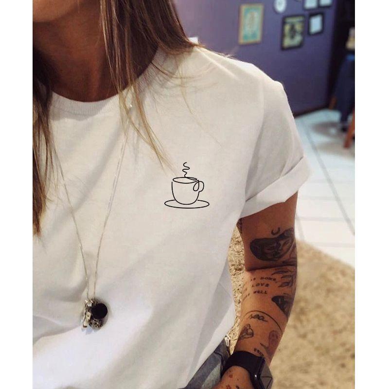 Coffee Line Print Niche Style American Retro Style Normcore Design Easiest for Match Pure Cotton Short Sleeve T-shirt for Women