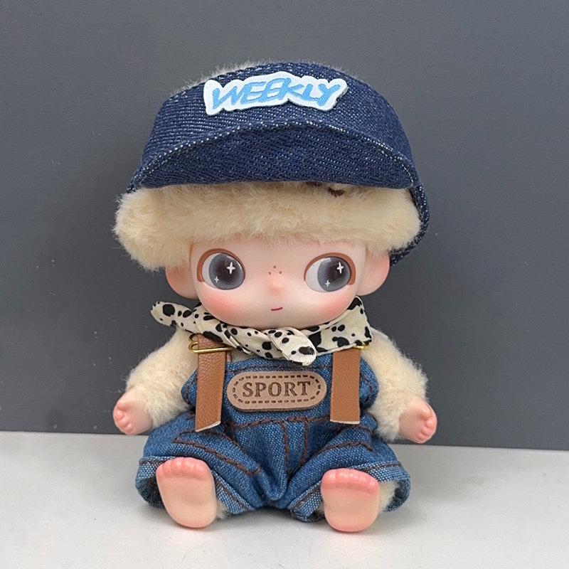 In Stock: Cute Denim Cap & Overalls Set for Dimo Newborn Diary Doll - Plush Toy Blind Box Clothes