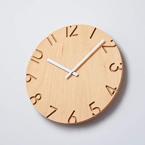 Lemnos Carved Wood Birch Analog Wall Clock, Natural Wood Color, NTL16-05, Diameter 30.5cm x Depth 4.2cm