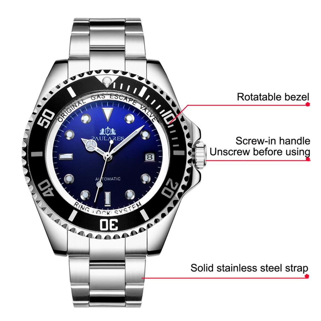 Paulareis Полностью автоматические механические светящиеся однотонные стальные ремешки, синие, красные и зеленые мужские часы с лапшой, автоматические часы