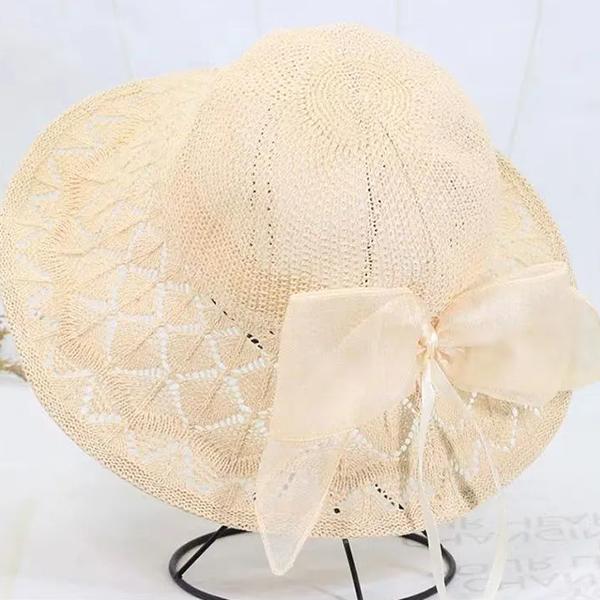 WTEMPO Lace Bow Female Solid Color Wide Brim Travel Beach Hollow-out Breathable Sun Hats Women's Spring Summer Foldable SunscreenHats