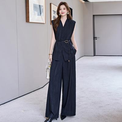 Мода в стиле королевской сестры, полосатый костюм, женский летний новый пригородный стиль, топ без рукавов с талией, брюки широкого покроя, комплект из двух предметов